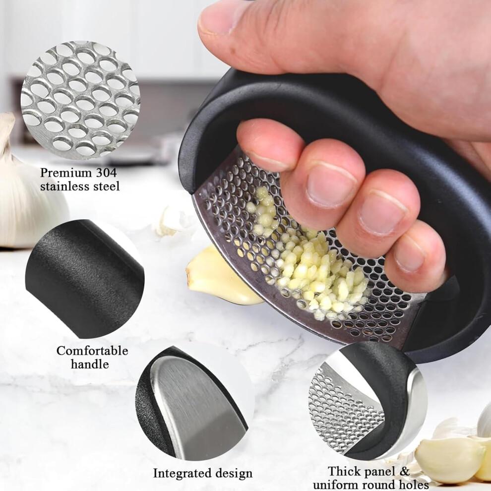 Kitchen Garlic Press Rocker 304 Stainless Steel Ergonomic Handle Garlic Mincer Slicer with Cleaning Brush Silicone Peeler