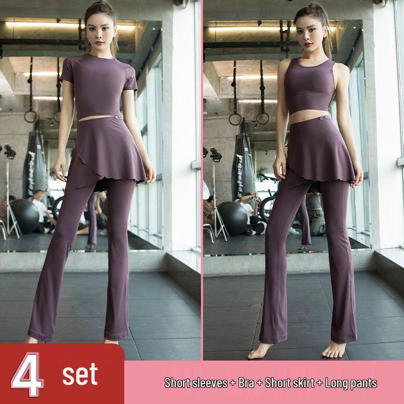 Women's Quick-Dry Yoga Set: Short Sleeve Top, Hip-Covering Skirt & Slimming Flare Pants - Spring/Summer