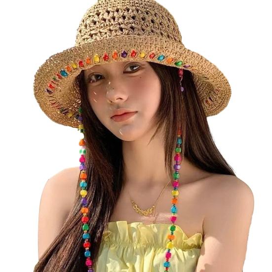 Women Straw Hat Wide Brim Breathable Straw Weaving Hat with Colorful Beads Decor Flexible Edges Sun Hat