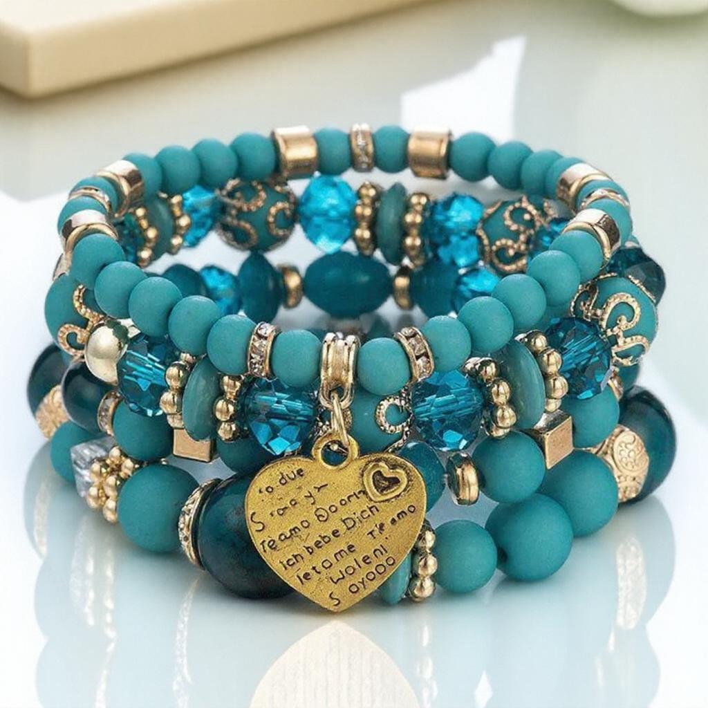 Boho Crystal Bead Bracelets for Women Elastic Heart Letter Bangles Wristband Yoga Jewelry Gift Set 4Pcs