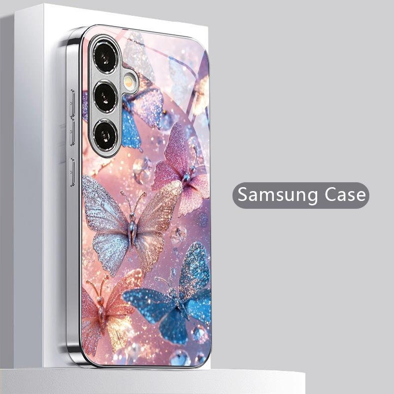 Shiny Butterfly Pattern 2D Phone Case for Samsung S26 S25 S24 S23 S22 S21 S20 A56 A36 A16 Electroplated Glass Protective Cover
