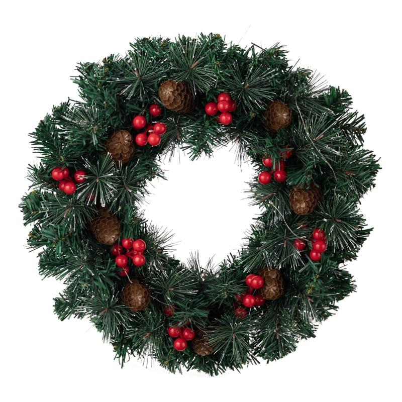 Holiday Pinecones Berries Christmas Wreath with Warm LED Lighting 40cm Diameter for Front Door Indoor and Outdoor Decors