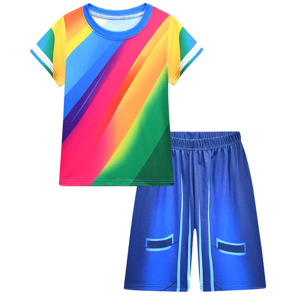 19756 Детские Мальчики Девочки Радужный Roblox Принт Повседневная Футболка с Короткими Рукавами Комплекты Одежды Брюки Шорты 110cm синий