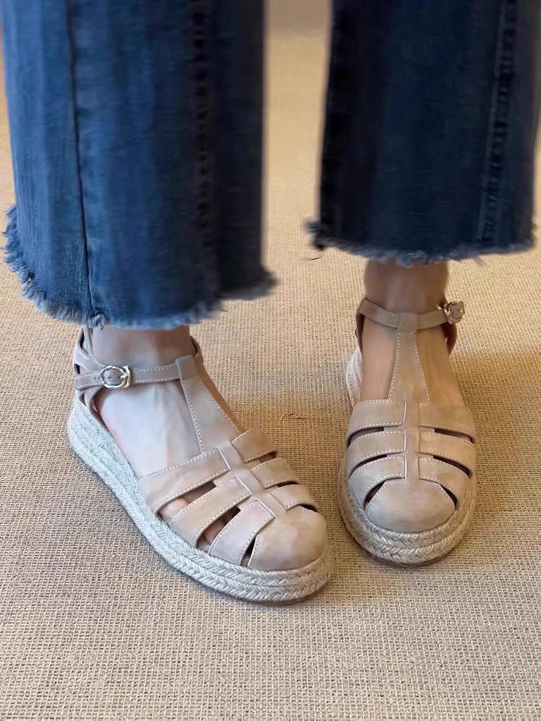 Sheepskin version~ 2025 new summer versatile retro hollow one-word buckle straw thick sole heightening Roman sandals women