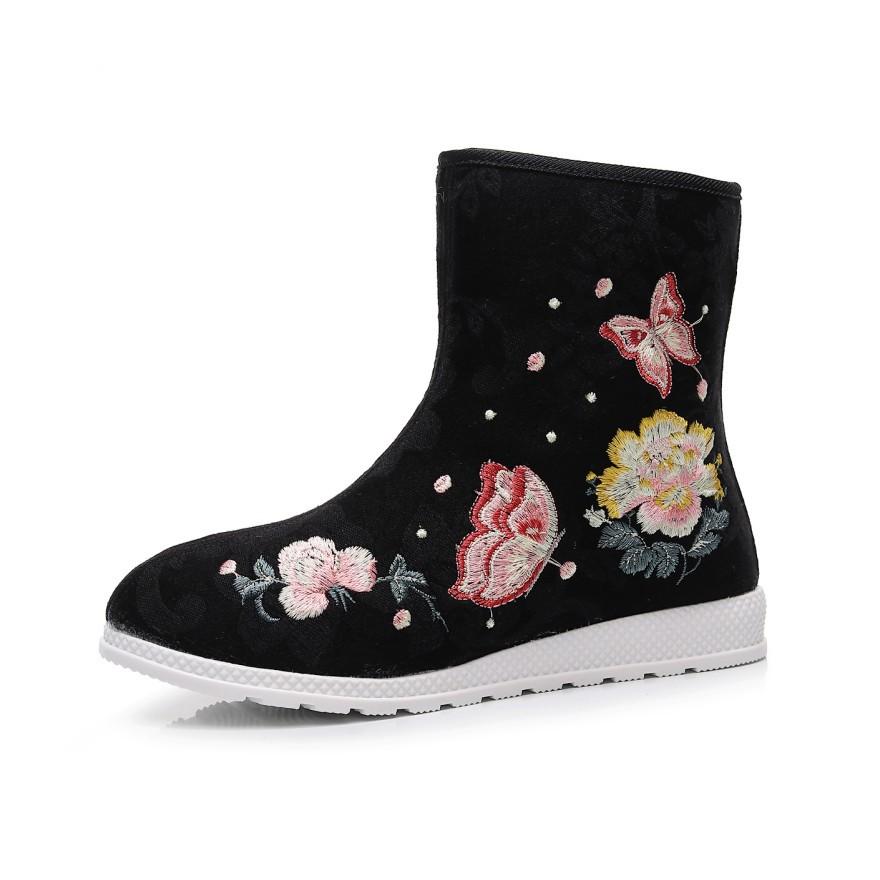 Zimní teplé boty Dámské ležérní protiskluzové plyšové fleecem podšité sněhule s bočním zipem Dámské vyšívané kotníkové boty s podšívkou z umělé kožešiny