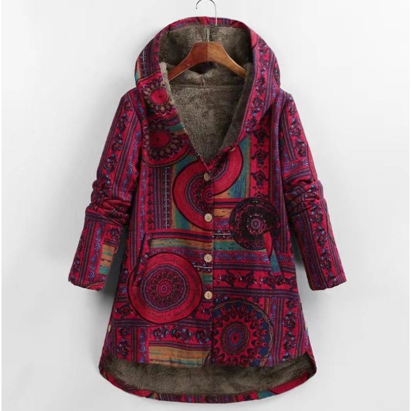 Women Casual Outwear Winter Warm Retro Printed Pockets Zipper Hooded Thicker Coat Plus Size
