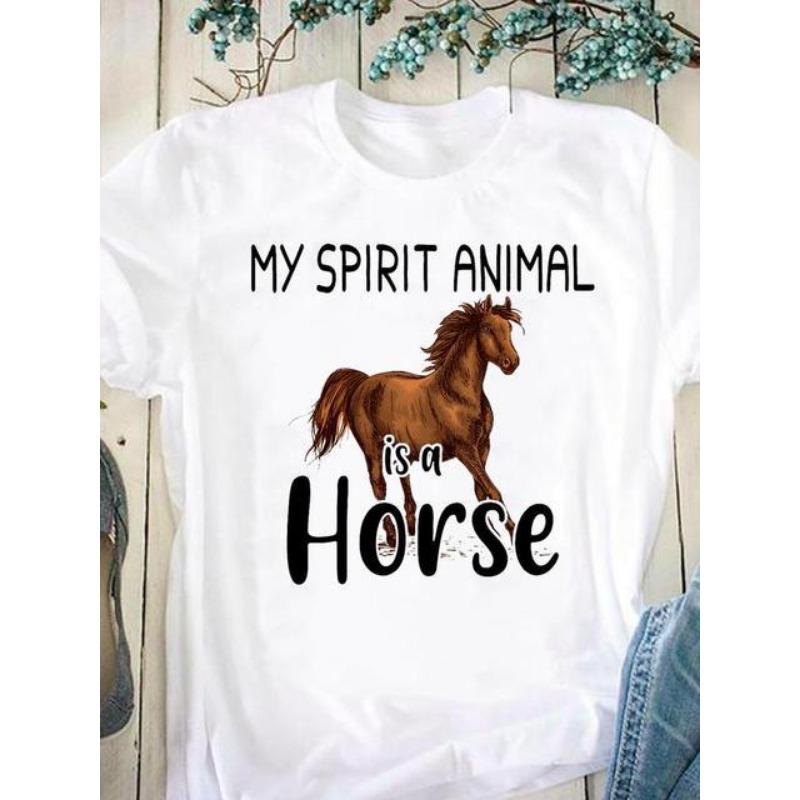 Horse Pattern Printed Women's Pure Cotton Short Sleeved Round Neck White T-Shirts Women’s