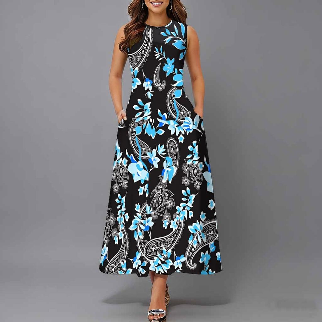 Oversized Women Sleeveless Round Neck Dress Elegant Cluster Flower Printed Loose Mid Calf Dress
