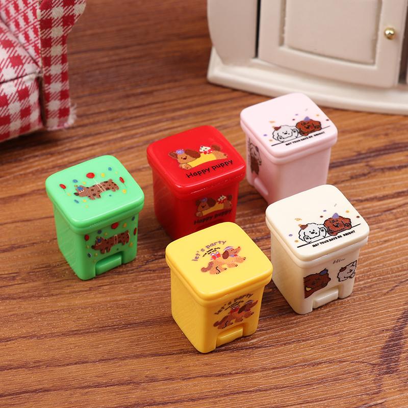 5Pcs Dollhouse Mini Cartoon Garbage Can Model Dollhouse Furniture Decoration Dolls House Accessories Pretend Play Toys