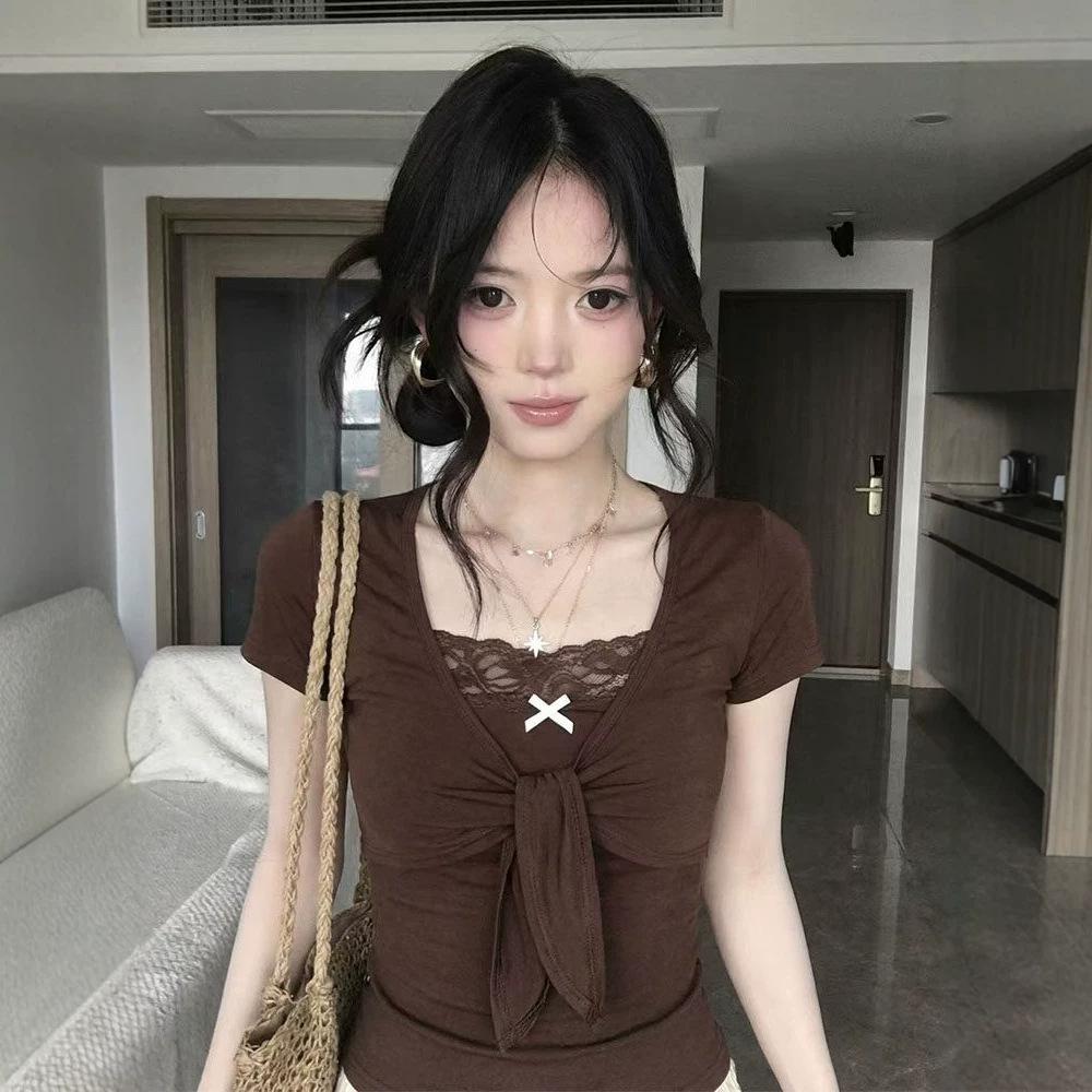 Pure desire style sexy babes lace short-sleeved T-shirt women's summer new American retro strap short top