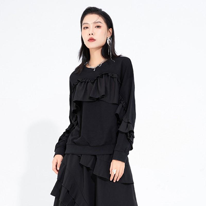 Top neri a maniche lunghe con balze, taglia oversized, da donna, casual, larghi, per primavera e autunno, felpa