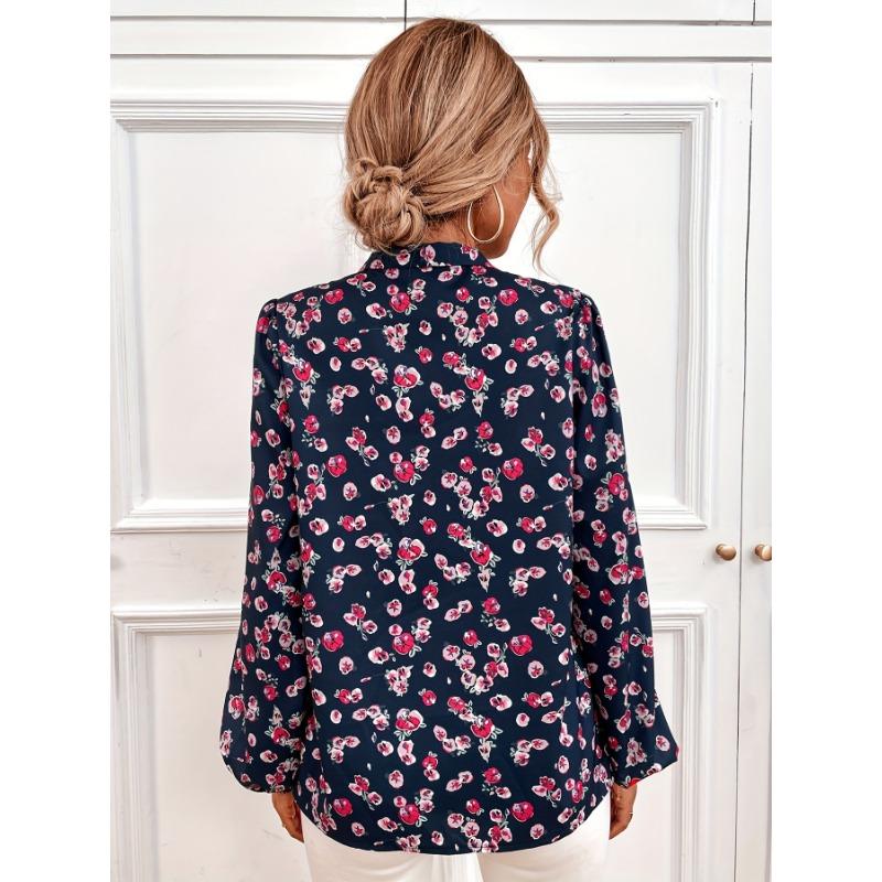 Floral Print Tie Front Blouse, Elegant Long Sleeve Blouse For Spring & Fall, Women's Clothing