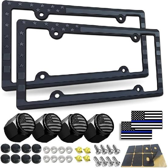 BGGTMO Mounta License Plate Frame- Black Aluminum Car Tag Cover Holder With Stainless Steel Screws Caps, Snow Mountain Tree Decal Sticker, 1 Pack 2