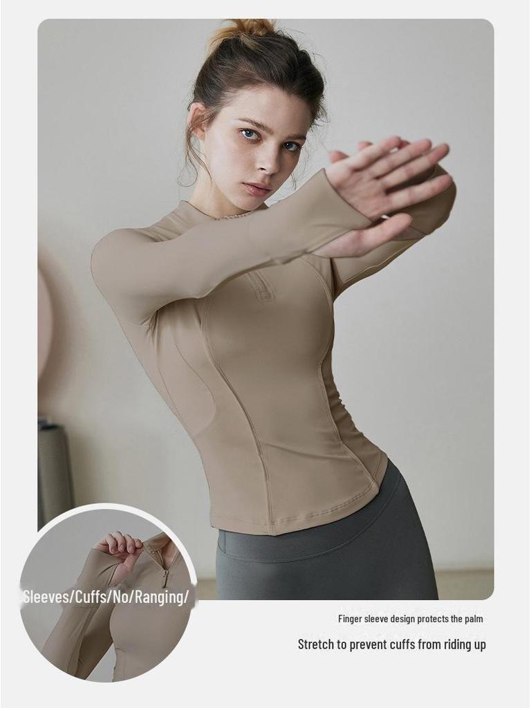 Women's Slim Fit Long Sleeve Yoga Top with Half-Zip Stand Collar