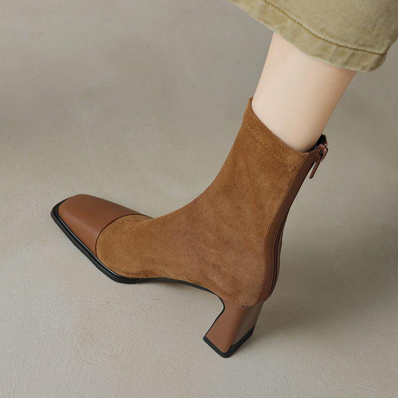 Krazing Pot Cow Skin Autumn Winter Shoes Square Toe Mixed Color Thick High Heels Zipper Chelsea Boots Women Stretch Ankle Boots