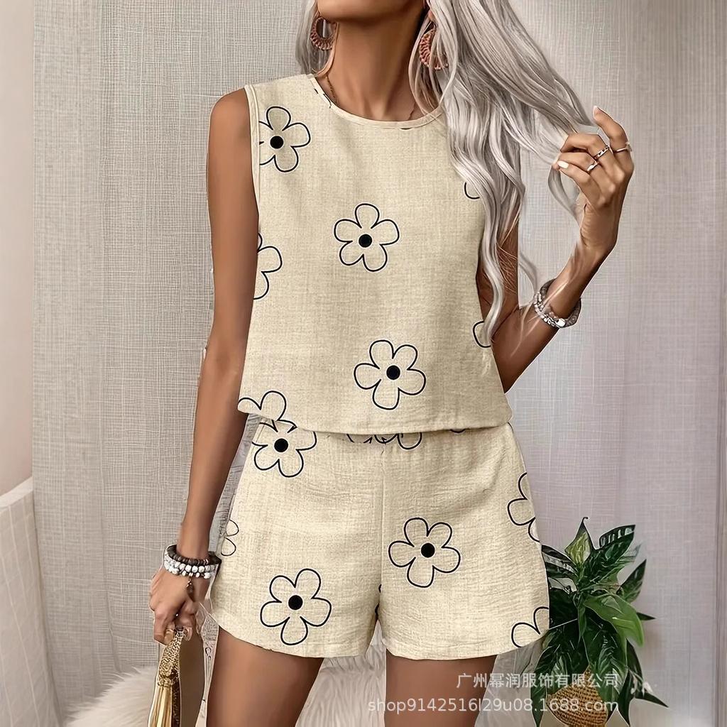 New Cross-border European and American Women's Clothing Casual Shorts Set Sleeveless Amazon