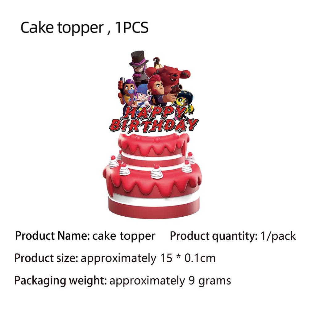 Brawl Stars Theme Party Decorations: Tableware, Banner, Balloons, Flags, and Tablecloth.
