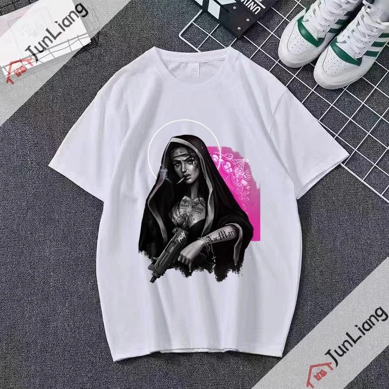 Smoking and Drinking Nuns Religious T-shirt, Cute Unisex T-shirt Short Sleeved Summer Crew-neck Plus Size Breathable Clothing