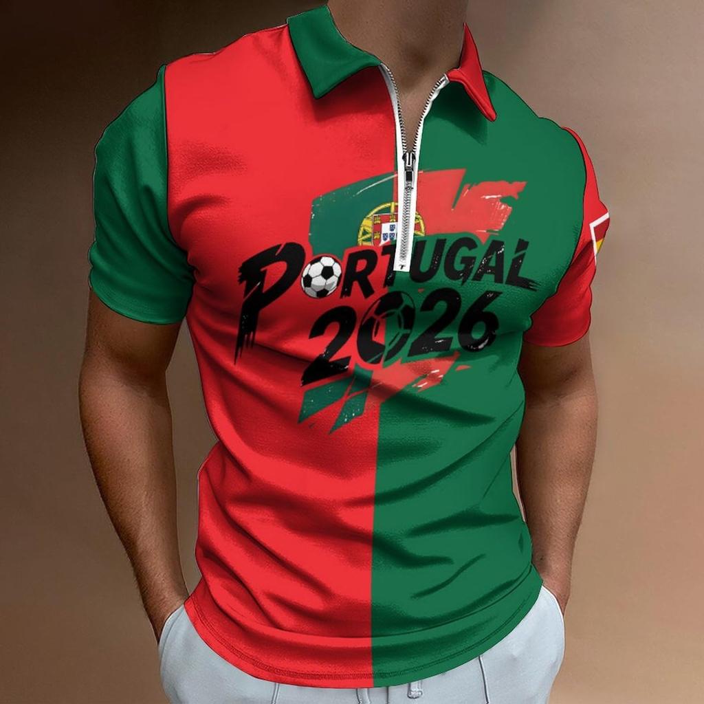 Men’s Casual Loose Fit Polo Shirt with Letter Print Zip Collar Short Sleeve Comfortable Breathable Top for Everyday Wear