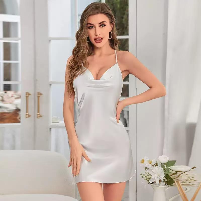 Elegant Spaghetti Strap V-Neck Faux Silk Backless Sleep Dress