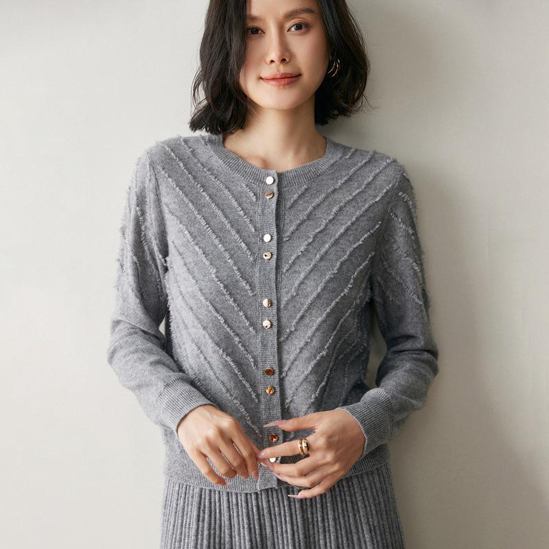 Women's Cashmere Terry Loop Cardigan - Autumn/Winter 2026 Round Neck Wool Knit Sweater, Versatile Outerwear.