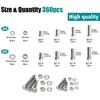 360-piece set of stainless steel hex bolts and nuts, M4 and M5, lengths 8mm, 12mm, 16mm, and 20mm.
