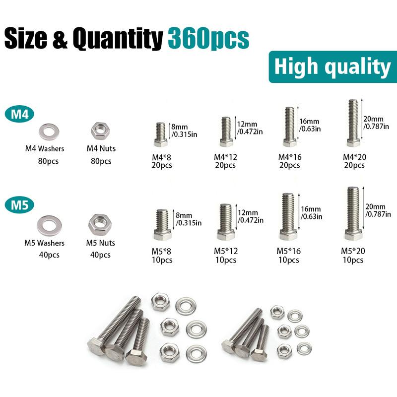 360-piece set of stainless steel hex bolts and nuts, M4 and M5, lengths 8mm, 12mm, 16mm, and 20mm.
