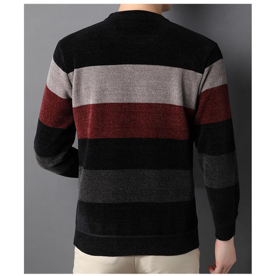 Chenille Sweater Men's Padded Thickened Striped Warm Bottoming Shirt Tide of Young Round Neck Knitwear Plus Size