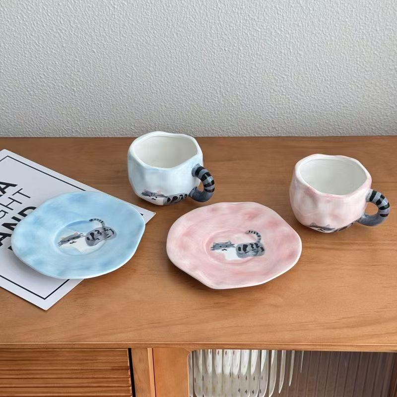 Creative Cute Cat Ceramic Coffee Mug with Saucer Set Unique Irregular Design Coffee Cup With Handle for Latte Tea Milk 300ml