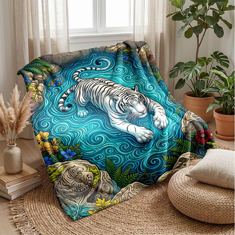 Tiger in Floral Garden Theme blanket Lightweight Warm Flannel Blanket Decorative Throw Blanket for Home Decoration