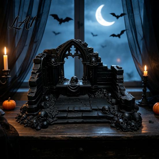 Miniature Puppet Scene Setting Gothic Ruin Skull Altar Table Ornaments 3D Printed Broken Chapel Castle Ruins Diorama Props Halloween Spooky Desktop
