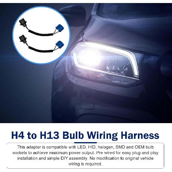 WZP 2PCS H13 Male to H4 Female Adapter, LED Car Light Connector Pigtail, H13 9008 Male to H4 9003 Female Wiring Harness Adapter, Fog Light Conversion