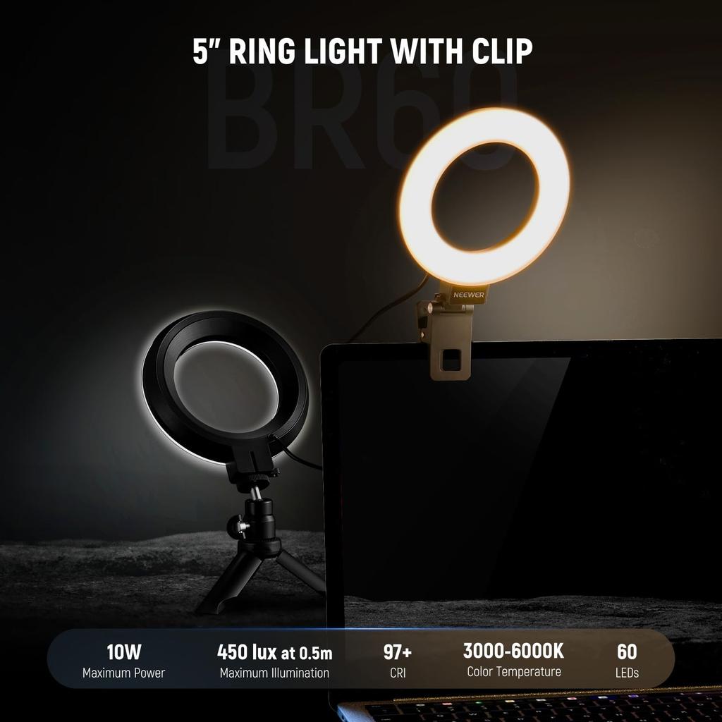 Neewer Basics Ring Set with Clip and Tabletop 10W High USB Compatible with Live Live Zoom Working from and TikTok 5-inch Light, 2-Piece Tripod,