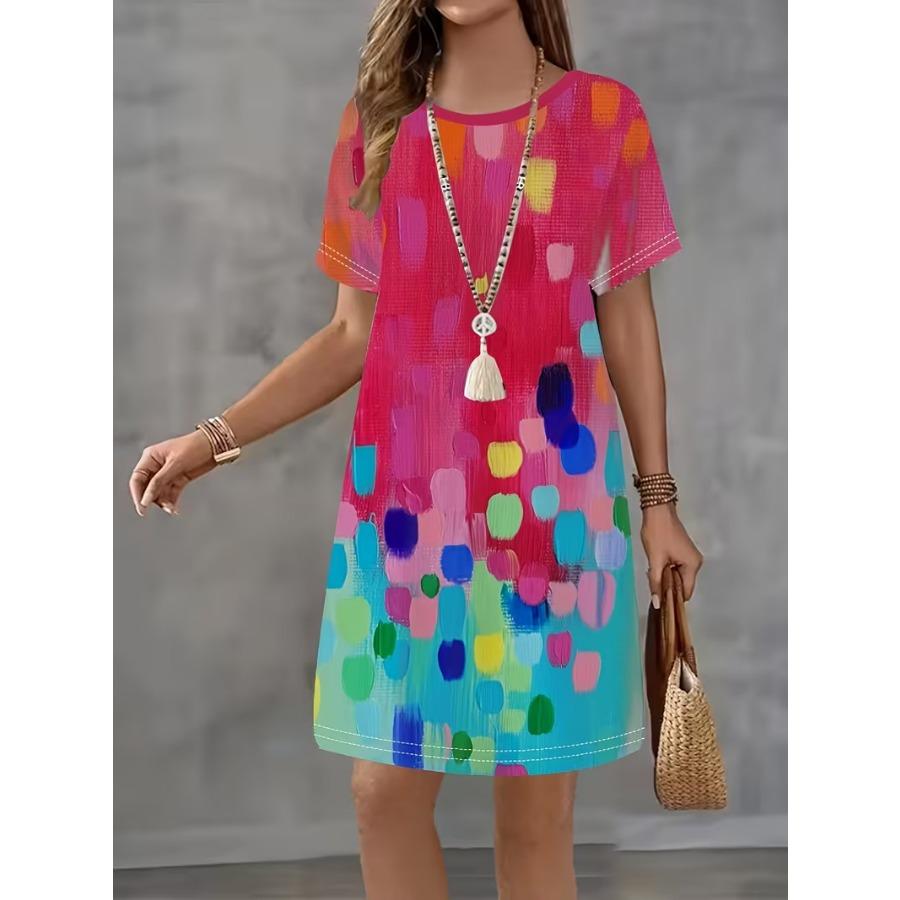 New Dress Women's Digital Printing Geometric Pattern Round Neck Pullover Summer Women's Dress