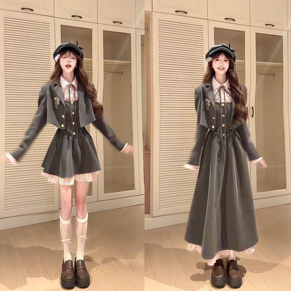 Wats Academy JK Uniform: Sweet Japanese Style Jacket and Waist-Cinching Dress Set for Autumn.