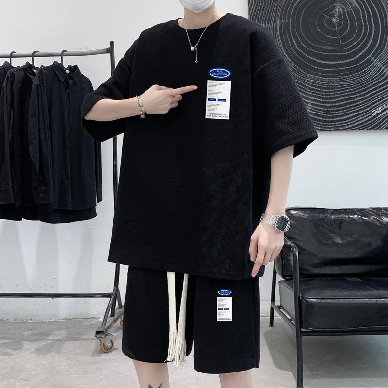 Men's Trendy Summer Waffle Sports Set: Loose-Fit Short Sleeve & Shorts Two-Piece