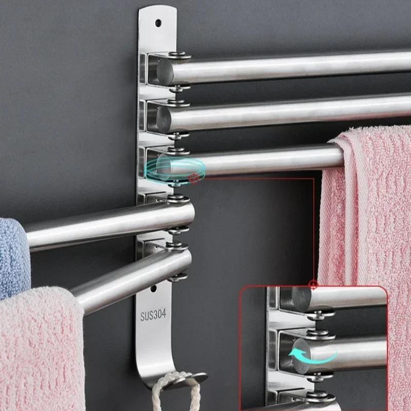 Wall Mounted Rotatable Towel Holder Stainless Steel Towel Rack Space Saving Bathroom Kitchen Shower Room Storage Organizer