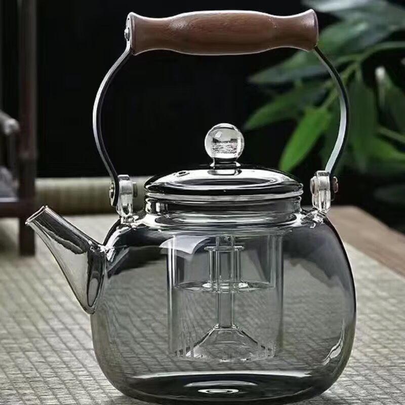 Стеклянный чайник Shangqi для плиты с деревянной крышкой