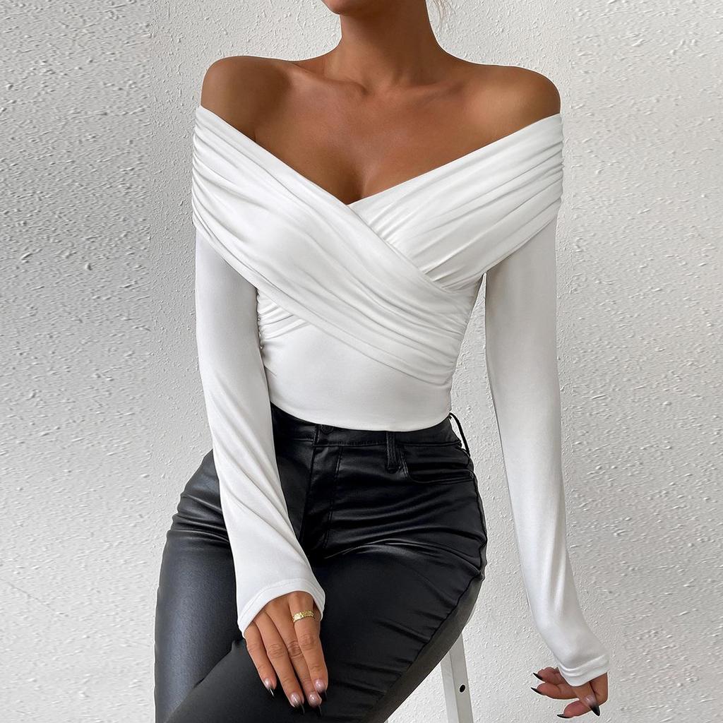 2024 European & American Autumn/Winter Women's Sexy Deep V Long Sleeve Pleated Off-Shoulder Top