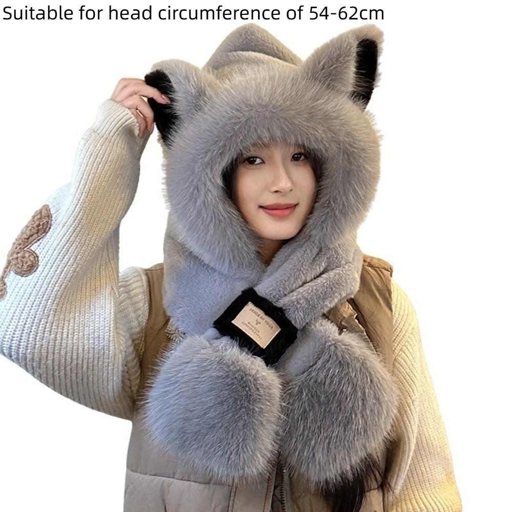 Two-Piece Set Plush Bear Hat Scarf Thickened Neck Warmer Hat Cute Ear Protection Hooded  Winter