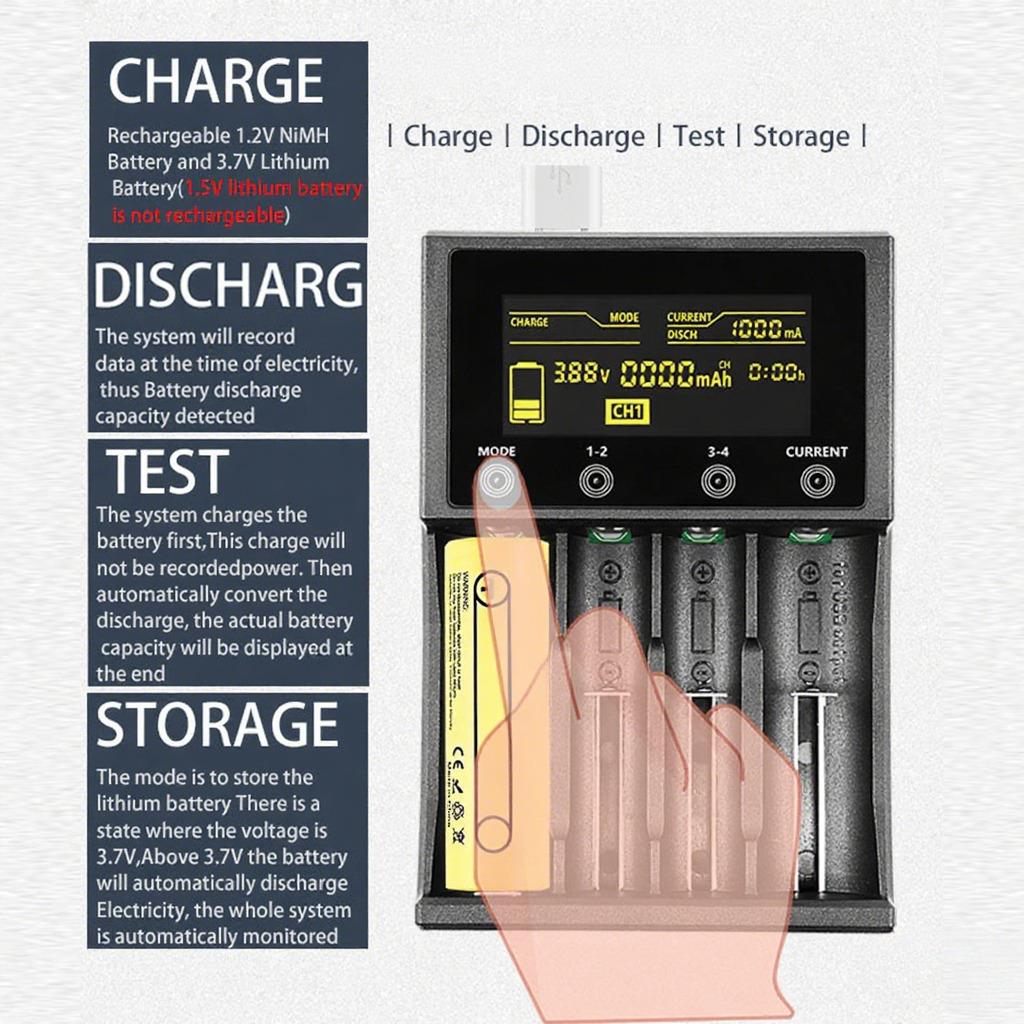 lii-M4S 4 Slots 18650 Battery Smart Charger LCD Display Battery Charger Touch Control for 18650 18490 18350 17670 17500 16340 14500 10440 AA AAA C 26