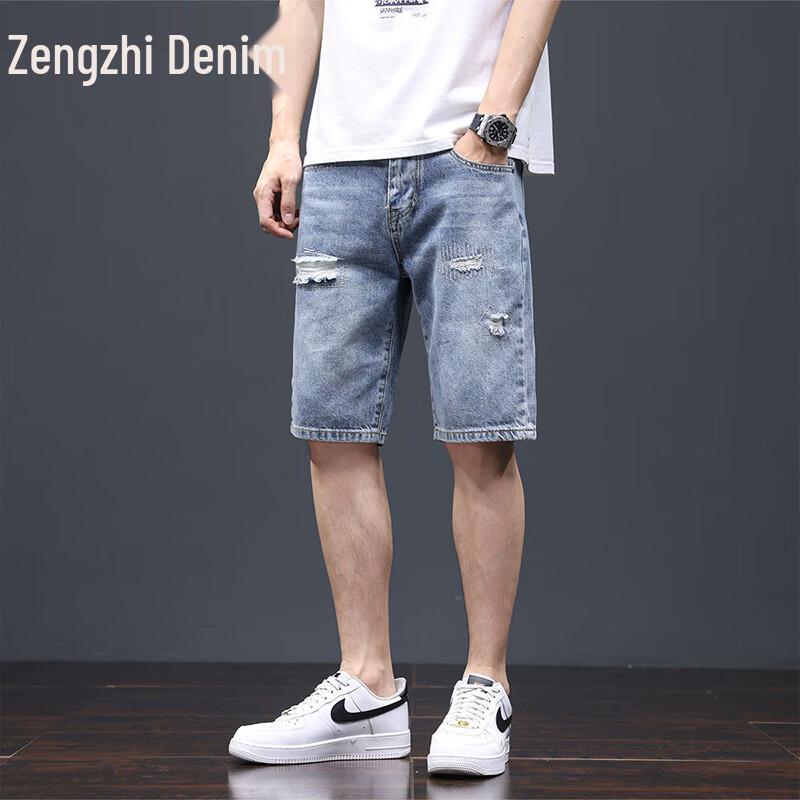 

Мужские рваные свободные прямые джинсовые шорты Zengzhi 34