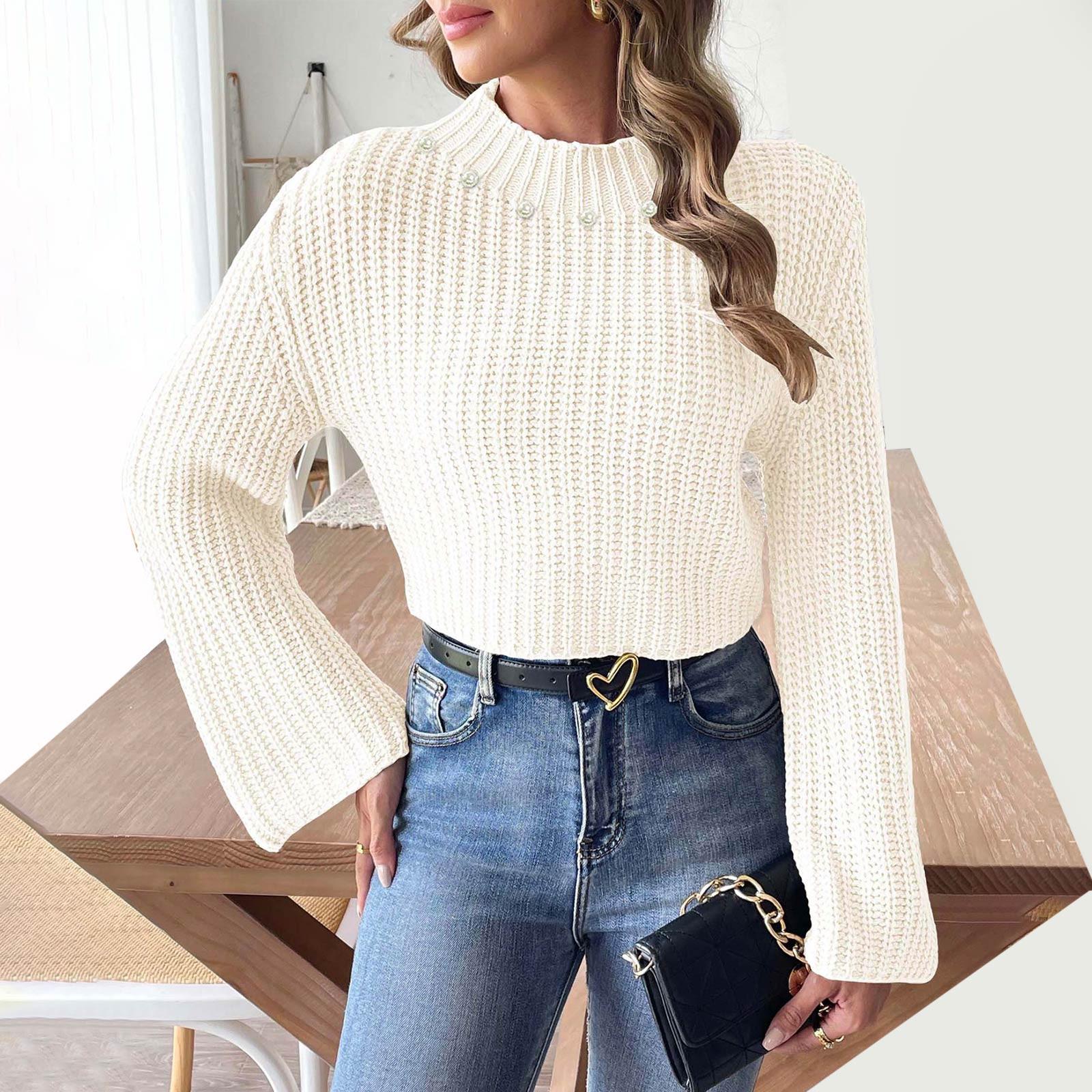 

Женский короткий топ с пупком, расшитый бисером, рукава-трубы, полуводолазка, пуловер XL белый