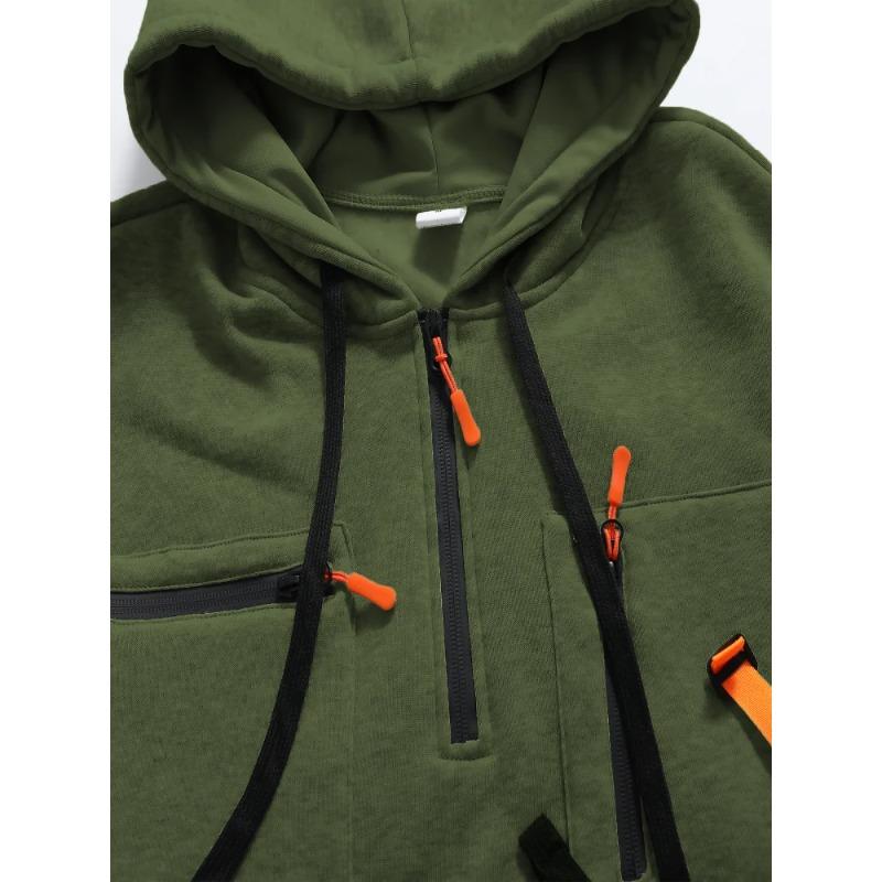 Men's Casual Sports Hoodie Fashion Pocket Zipper Hooded Sweatshirt Solid Color Loose Coat Outdoor Running Streetwear
