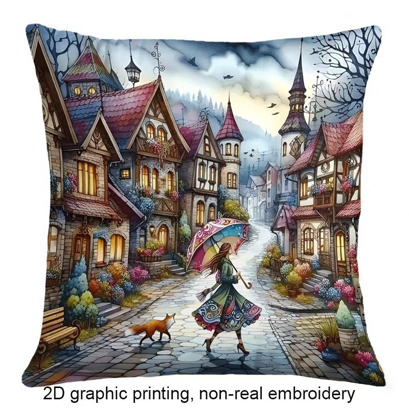 2D Flat - 1 Creative Street House Illustration Double-Sided Printed Pillowcase | Square Zippered Polyester Cover, Machine Washable, Suitable For Livin