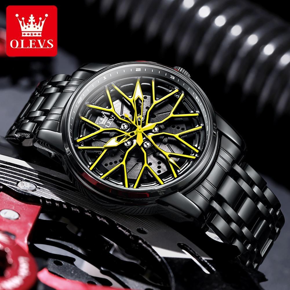 OLEVS Relógio de Pulso Masculino de Quartzo com Mostrador Rotativo 360° Fashion Roda Cubo de Roda Aro Carro Esportivo Aço Inoxidável à Prova d'Água
