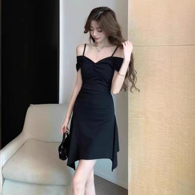 Irregular Suspender A-word Skirt Year Summer Women's Clothing Black Sexy V-neck Off-the-shoulder Waist and Thin Dress