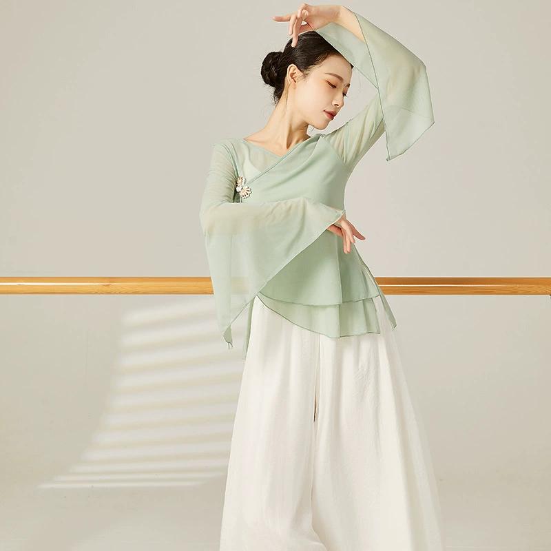 

Классический танцевальный костюм из марли для боди-рифм для женского выступления, элегантный китайский стиль, базовый тренировочный костюм для танцев, женский топ M зелёный