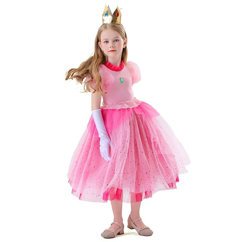 New Super Mario Kids Princess Peach Dress Girls Halloween Costume