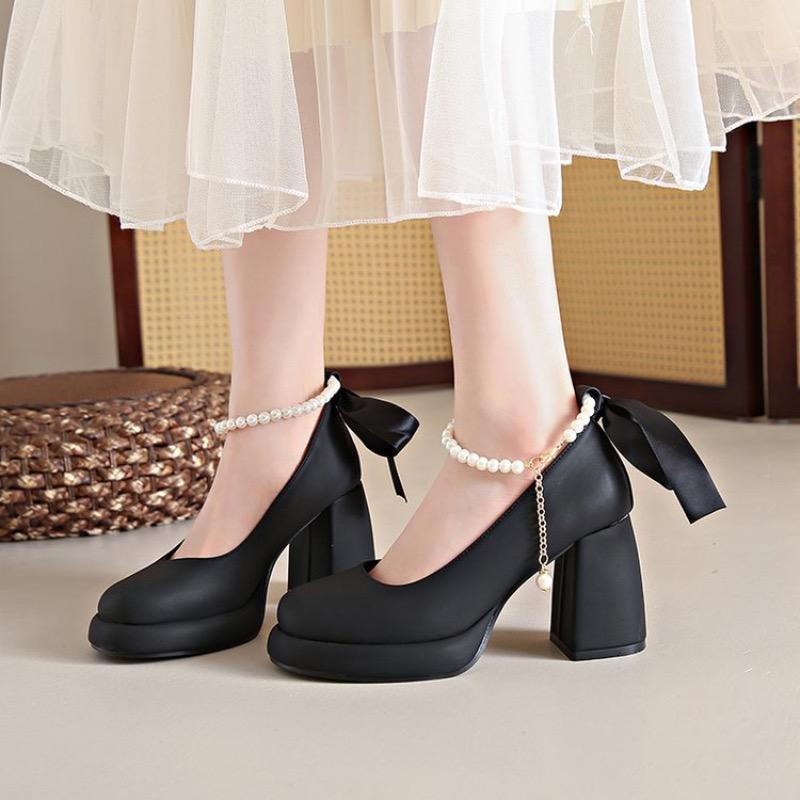 Women High Heels Luxury Pearl Mary Jane Shoes Elegant Bow Pumps Shoes for Women Party Wedding Shoes Platform Lolita Shoe